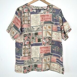 Vintage 100% Silk Top By Stunt Collections Sz M Cottagecore Abstract Patchwork